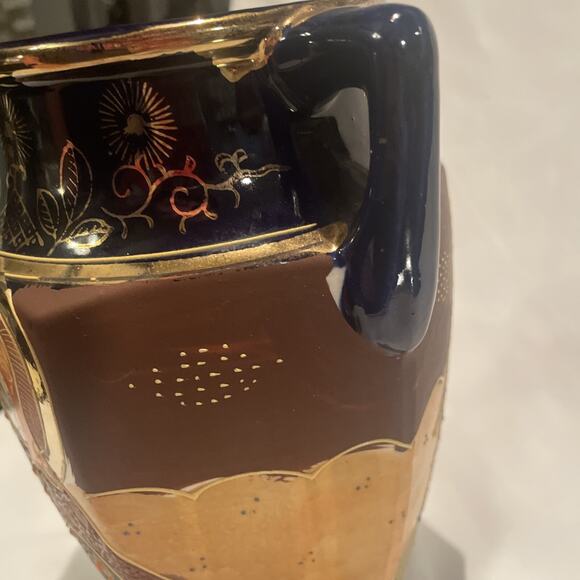 Antique Satsuma Pottery Vase Japan Cobalt Hand Painted Gold w/ Handles 8.5" - Picture 11 of 11